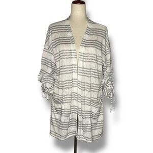 Juicy Couture Grey Stripe Tie Ruched Sleeve Lightweight Open Front Cardigan
